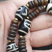 Himalayan indo tibetan 7 dzi agate beads with yak bone beaded necklace