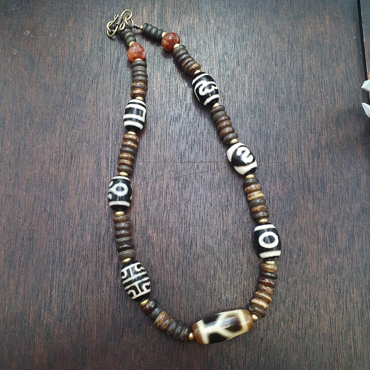 Himalayan indo tibetan 7 dzi agate beads with yak bone beaded necklace
