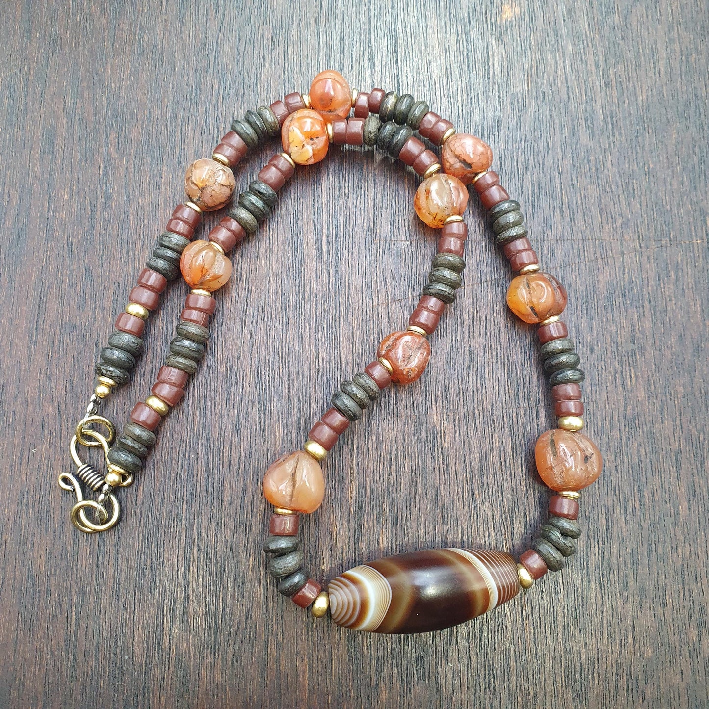 Himalayan indo tibetan central asian agate beads decorated beaded necklace