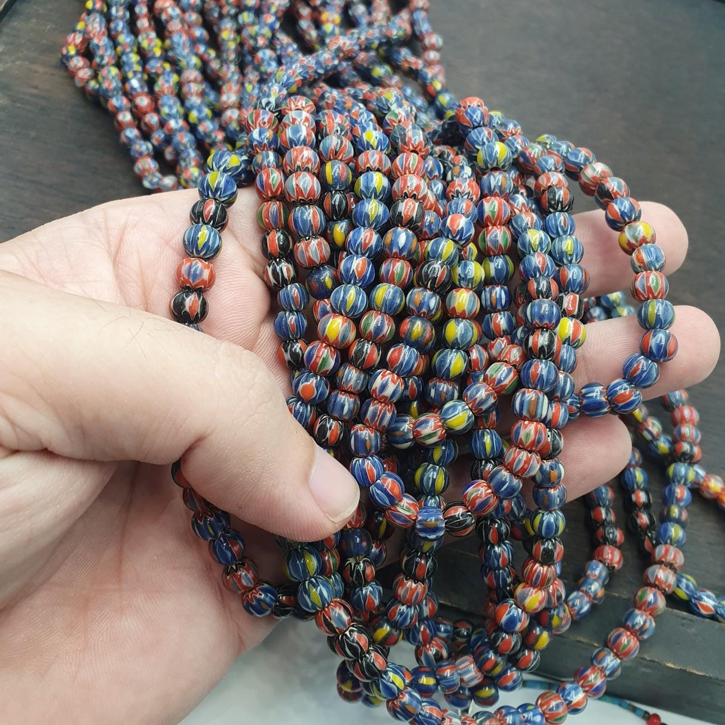Vintage venetian african style glass chevron 6.5-6mm beads long strand