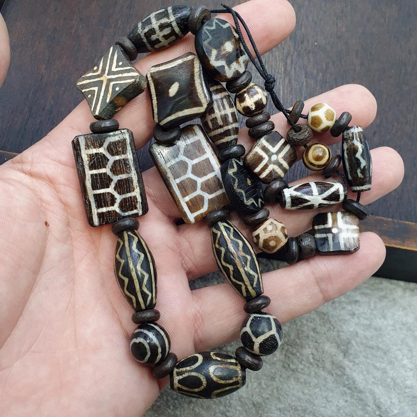 Lot dzi pattern asian burmese old pumtek petrified wood stone beads strand
