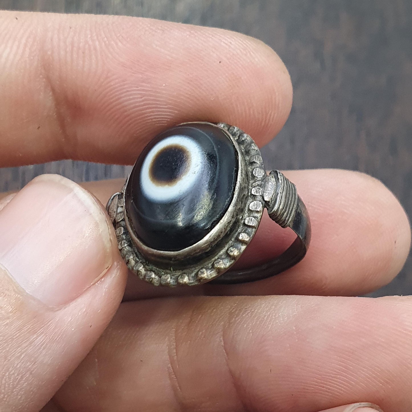 Goat Eye Tibetan eye agate center stone Silver Ring