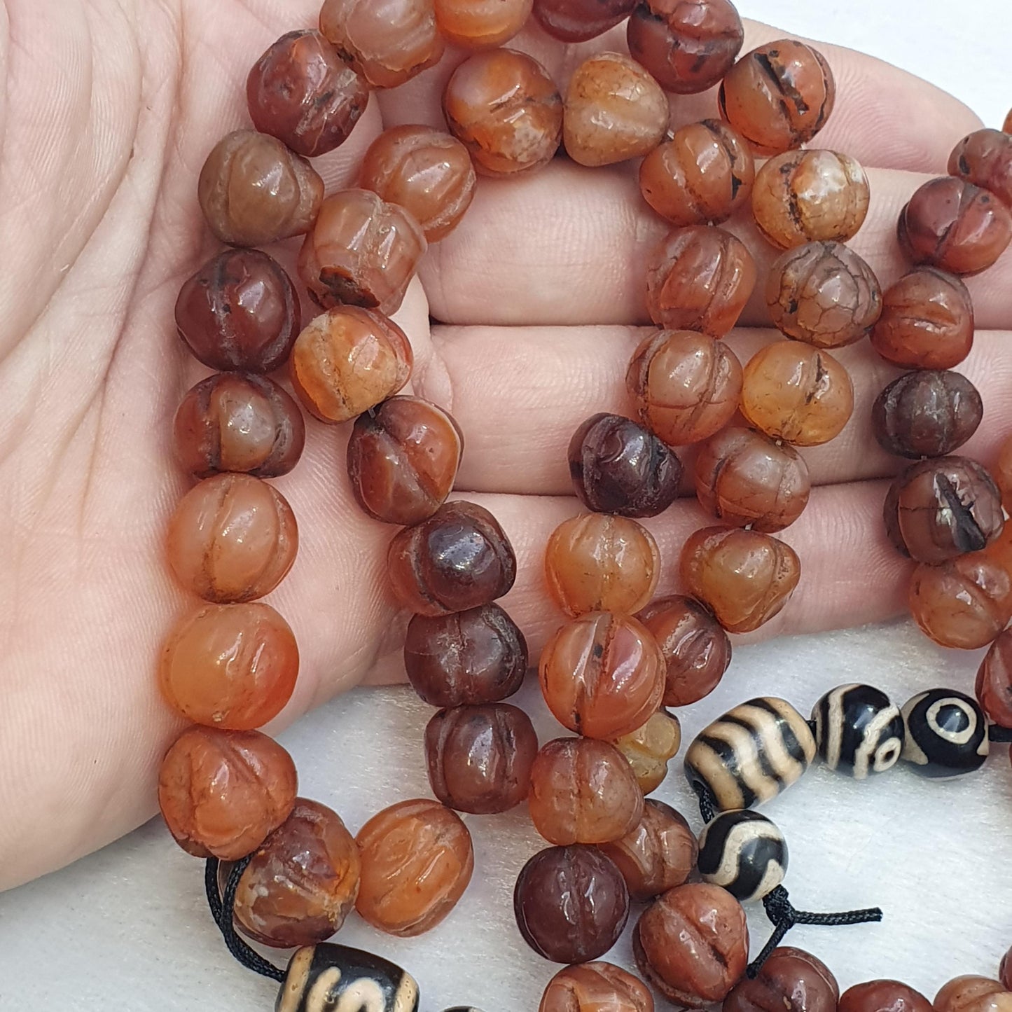 Tibetan 108 Mala Beads- Carnelian Dzi Agate for Meditation Spiritual Practice Tibetan Blessings