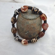 Vintage agate Dzi Eye beads bracelet, Carving carnelian Skull, tibetan dzi beads