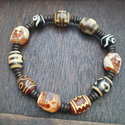 Vintage agate Dzi Eye beads bracelet, Carving carnelian Skull, tibetan dzi beads