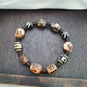 Vintage agate Dzi Eye beads bracelet, Carving carnelian Skull, tibetan dzi beads