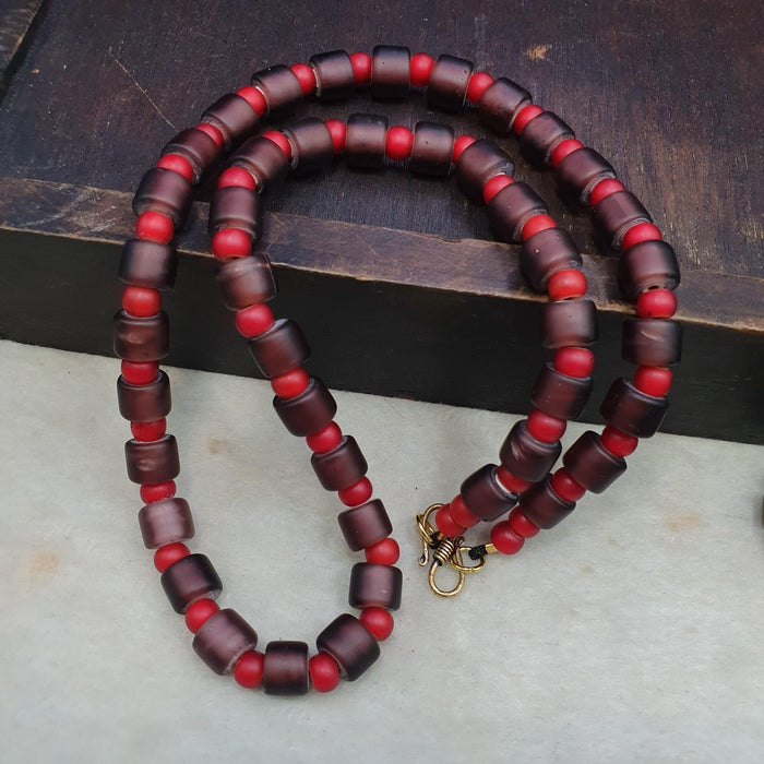Vintage venetian 6mm red white heart dark purple glass trade beaded necklace #j3