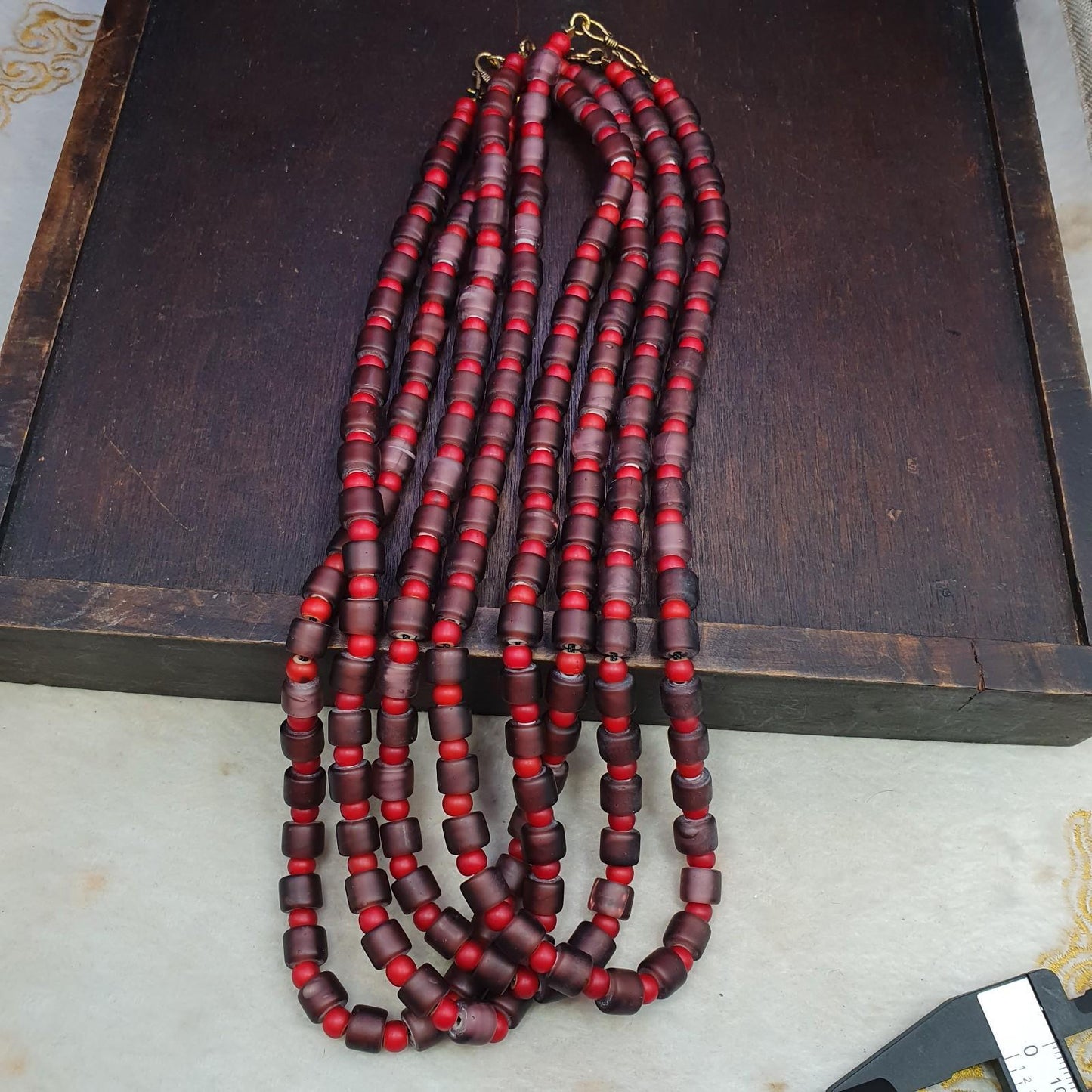 Vintage venetian 6mm red white heart dark purple glass trade beaded necklace #j3