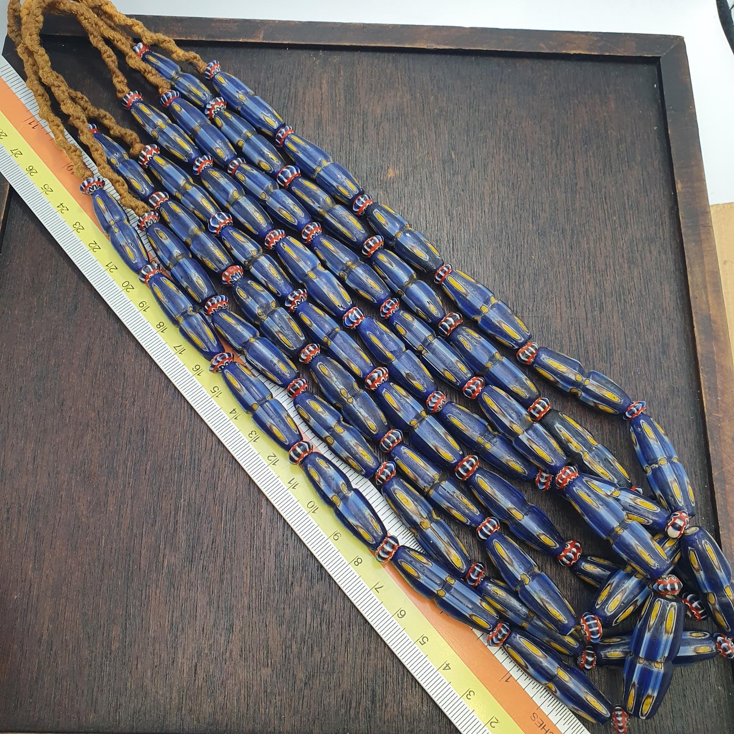 Antique Venetian Style Beaded Strand with Blue Glass Yellow Eyes, Handmade Gabri Glass Beads, Unique Jewelry for Collectors and Elegant Wear
