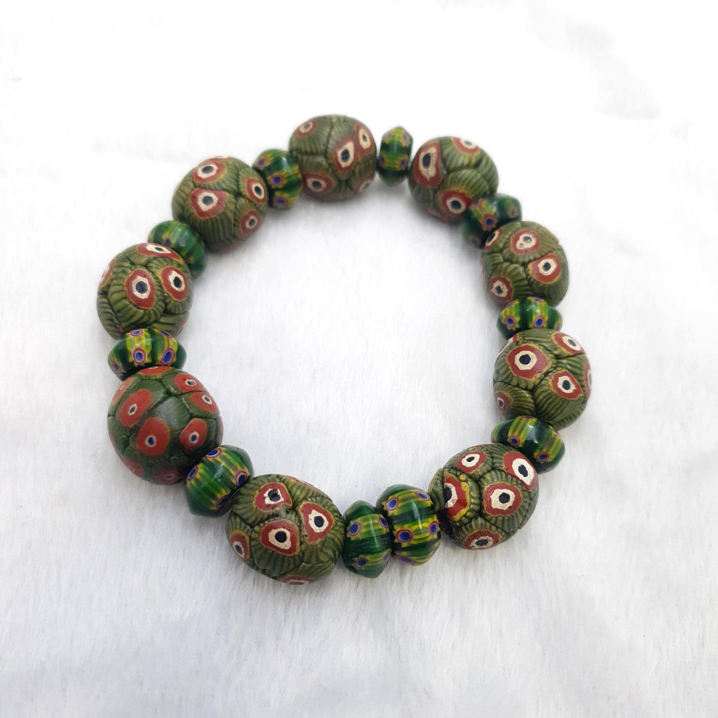 Vintage Venetian African Style Green Gabri Eyes Beads Bracelet 14.5mm Handmade Beaded Jewelry for Men Women Boho Ethnic Gift