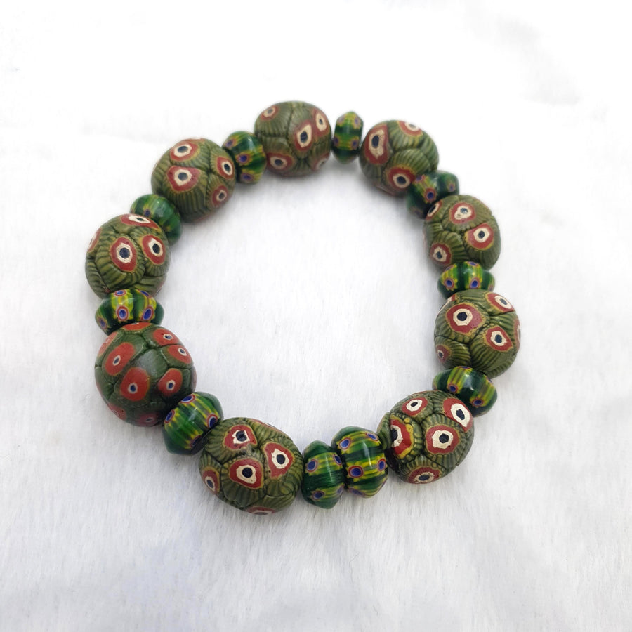 Vintage Venetian African Style Green Gabri Eyes Beads Bracelet 14.5mm Handmade Beaded Jewelry for Men Women Boho Ethnic