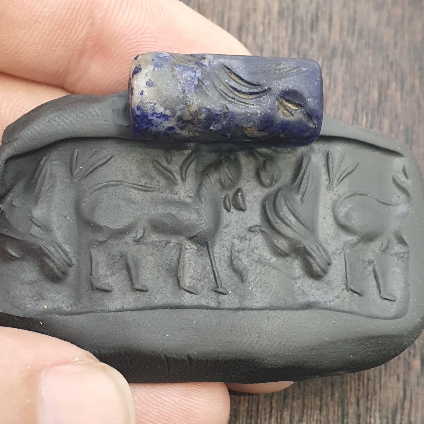 Rare Antique Lapis lazuli Seal Stone Bead Intaglio Carved Animal and Bird