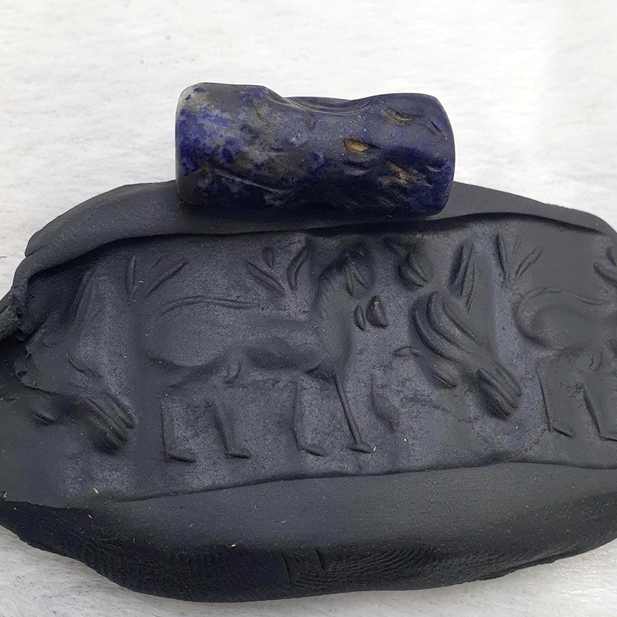 Rare Antique Lapis lazuli Seal Stone Bead Intaglio Carved Animal and Bird