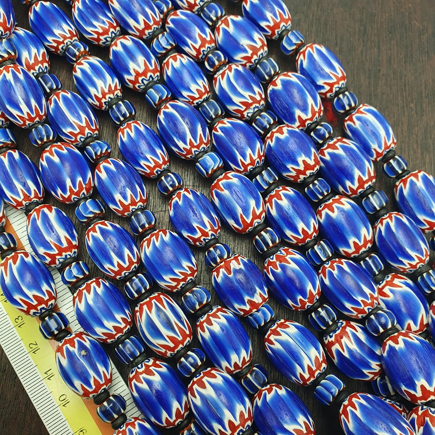Big size vintage venetian style old blue chevron glass beads long strand ch-2