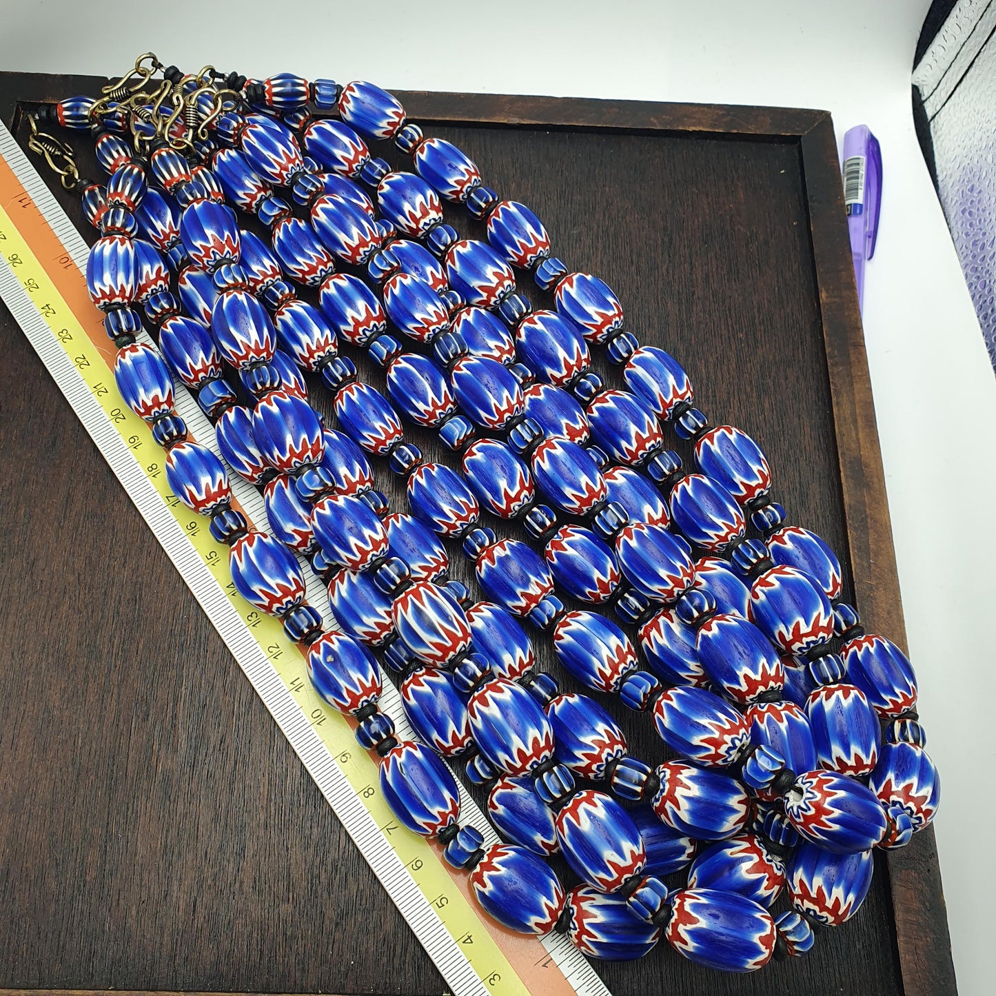 Big size vintage venetian style old blue chevron glass beads long strand ch-2