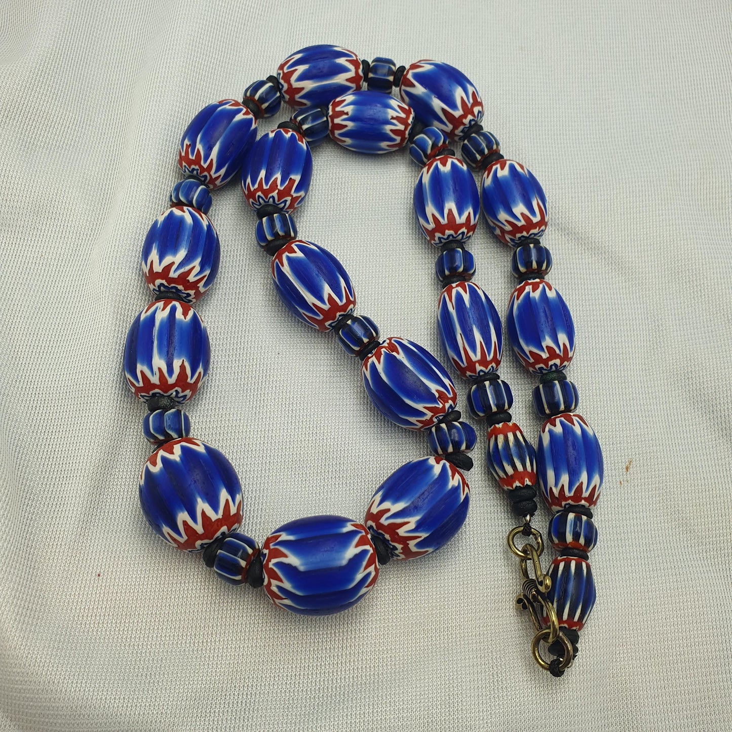 Big size vintage venetian style old blue chevron glass beads long strand ch-2