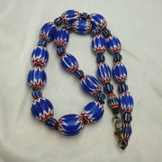 Big size vintage venetian style old blue chevron glass beads long strand ch-2