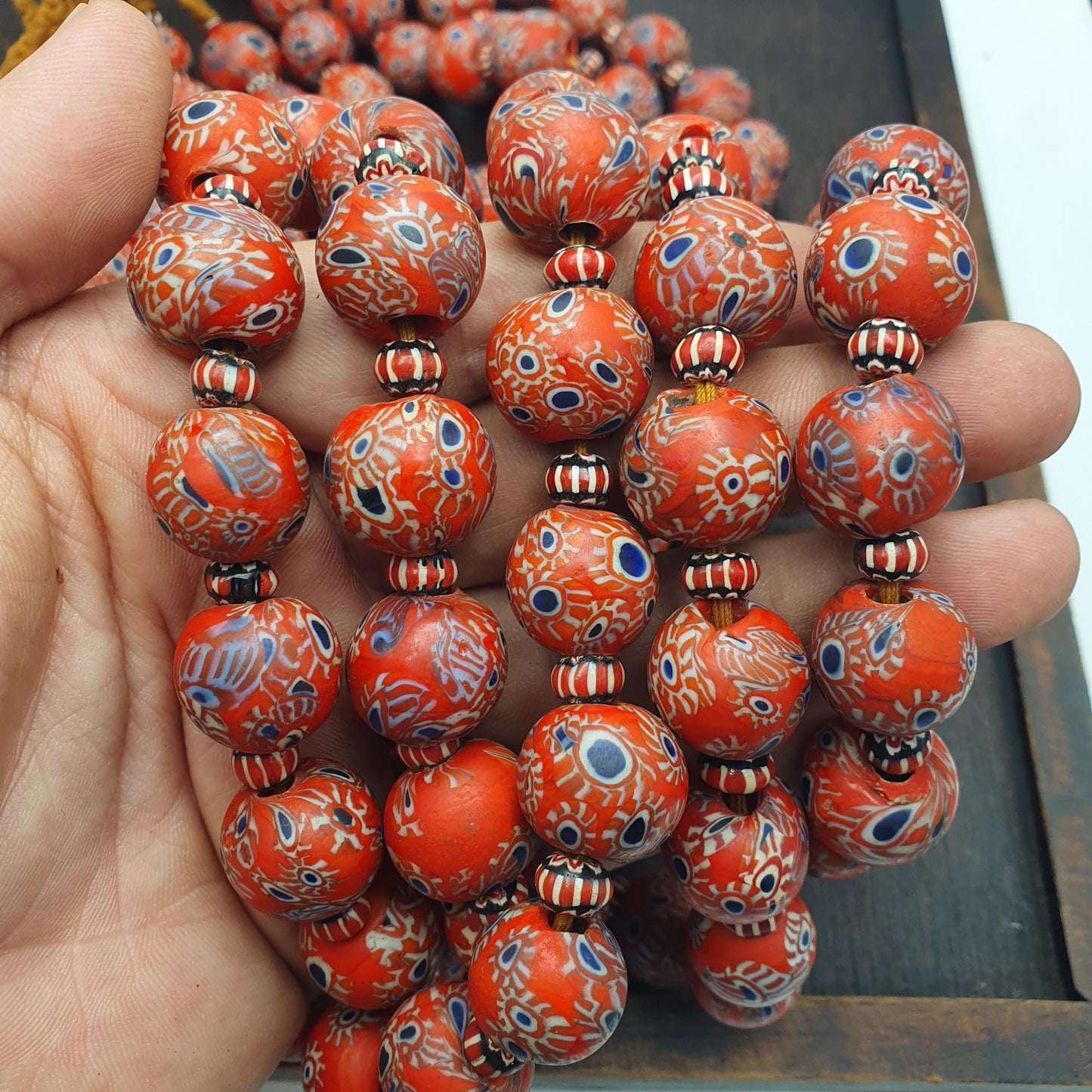Vintage venetian style Red Millefiori and Chevron African Inspired Bead Strand Gift Blue Eyes 17mm Beads