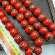 Venetian Inspired Bead Strand, Vintage Venetian Millefiori Beads | 18mm, 22 Inch - Red-Orange With Blue Eye Motifs