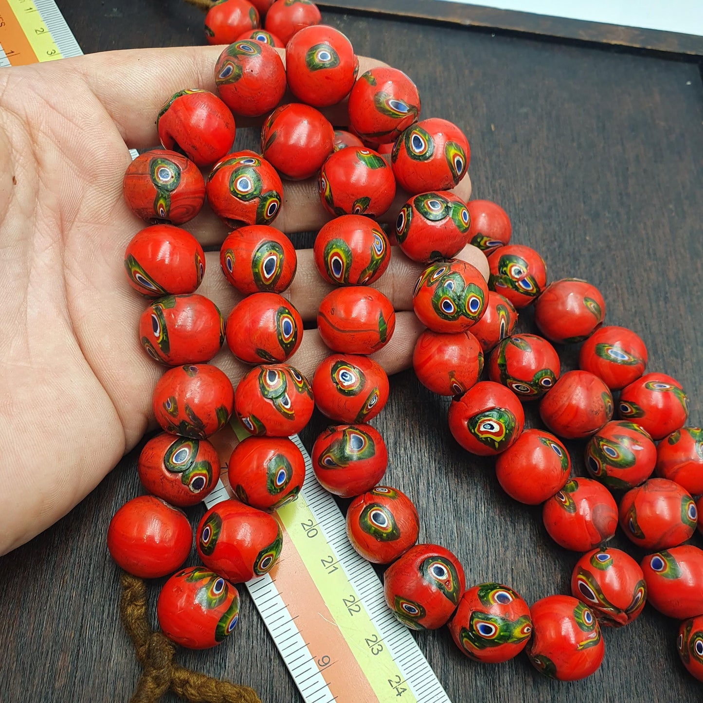 Vintage venetian style orange Red Millefiori  Inspired Bead Strand Gift green Eyes 18mm Beads