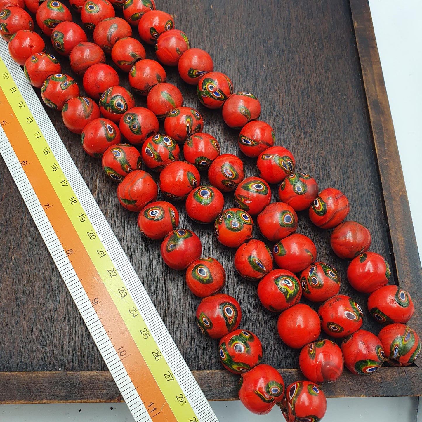 Vintage venetian style orange Red Millefiori  Inspired Bead Strand Gift green Eyes 18mm Beads