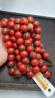 Venetian Inspired Bead Strand, Vintage Venetian Millefiori Beads | 18mm, 22 Inch - Red-Orange With Blue Eye Motifs