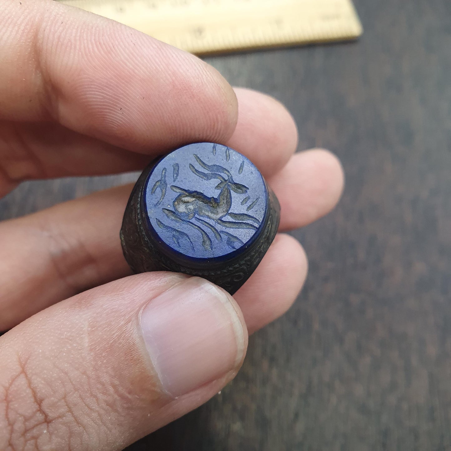 Antique Style Lapis Lazuli Intaglio Ring – Mythical Animal Carved Gemstone ring
