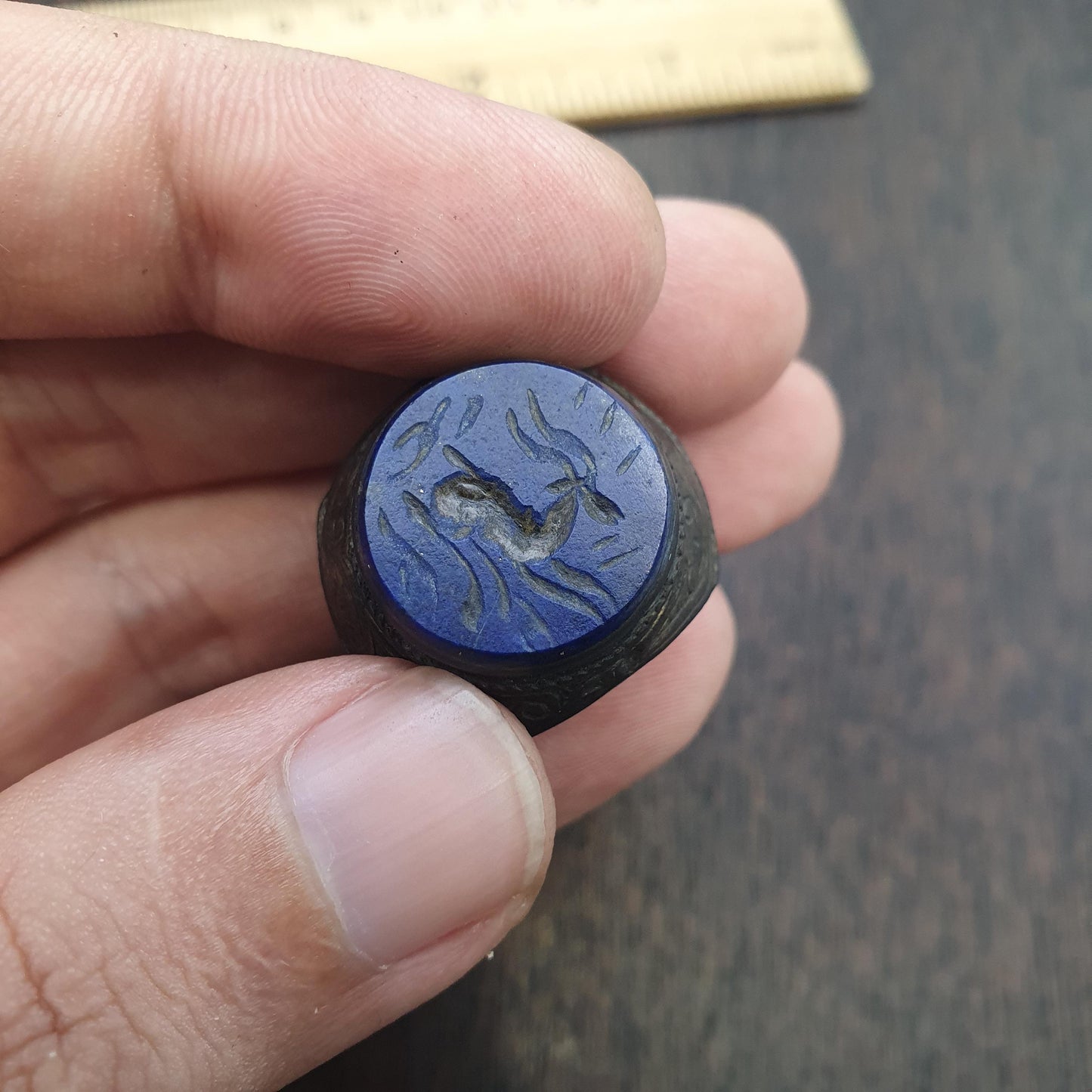 Antique Style Lapis Lazuli Intaglio Ring – Mythical Animal Carved Gemstone ring