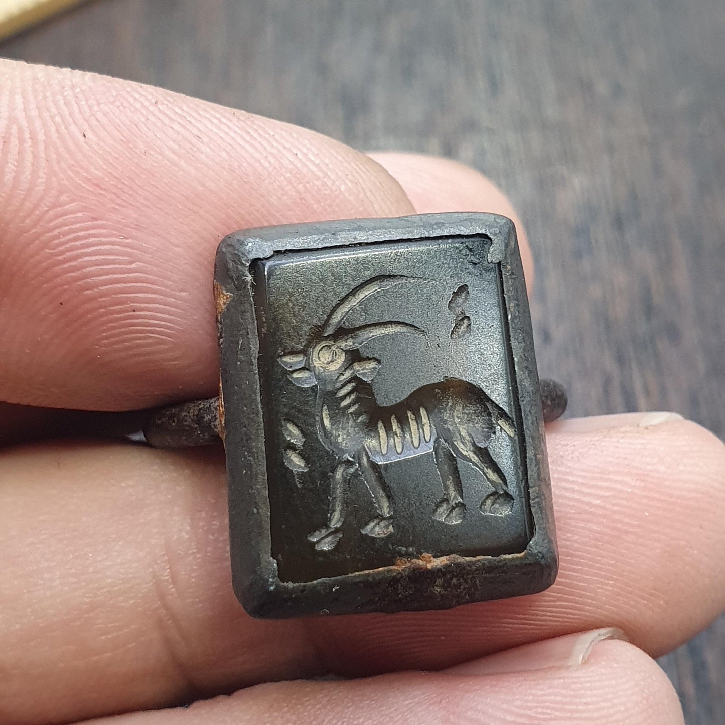 Antique Style Agate Intaglio Ring – Mythical Animal Carved Gemstone Bronze ring