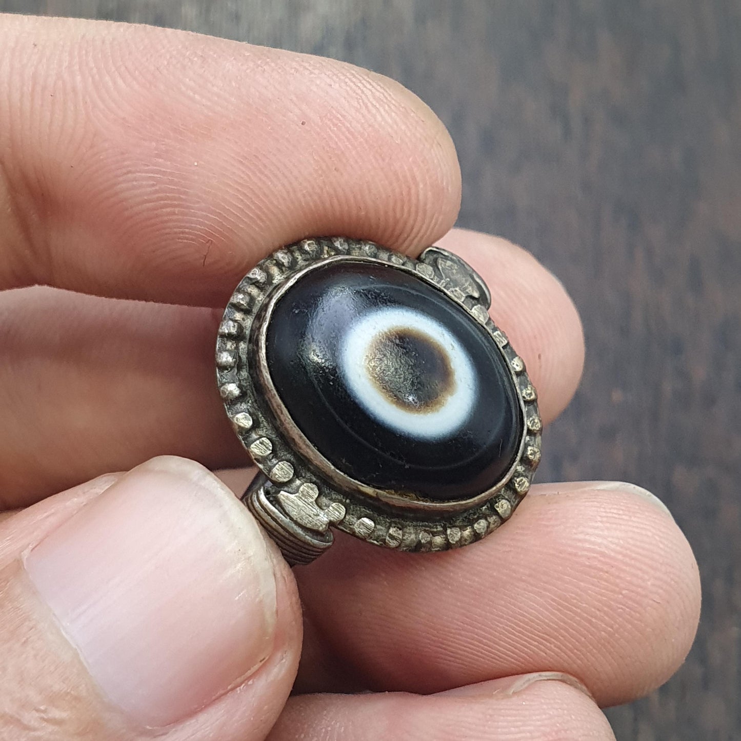 Goat Eye Tibetan eye agate center stone Silver Ring