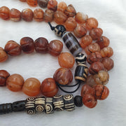 Tibetan 108 Mala Beads- Carnelian Dzi Agate for Meditation Spiritual Practice Tibetan Blessings