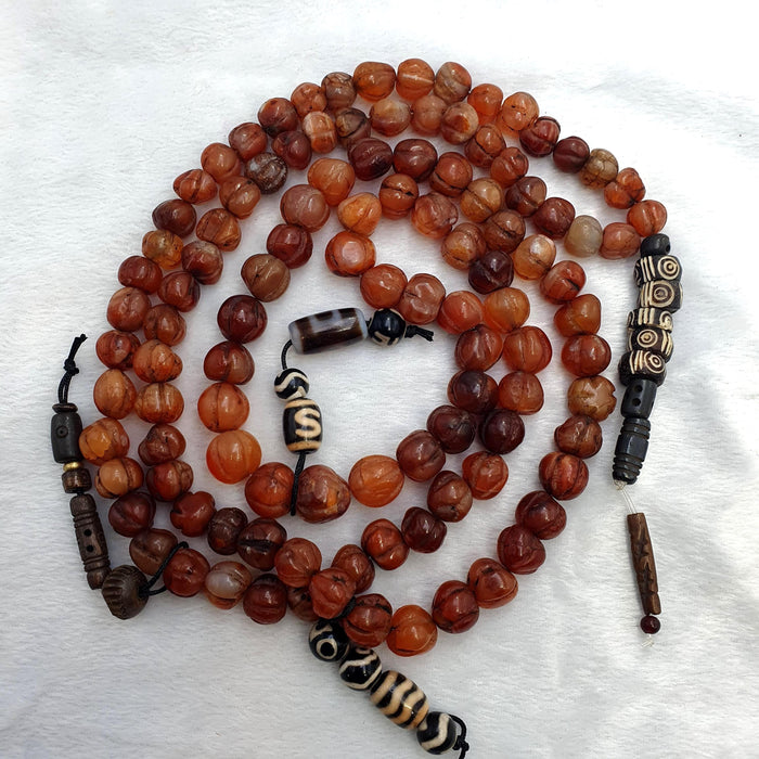 Tibetan 108 Mala Beads- Carnelian Dzi Agate for Meditation Spiritual Practice Tibetan Blessings