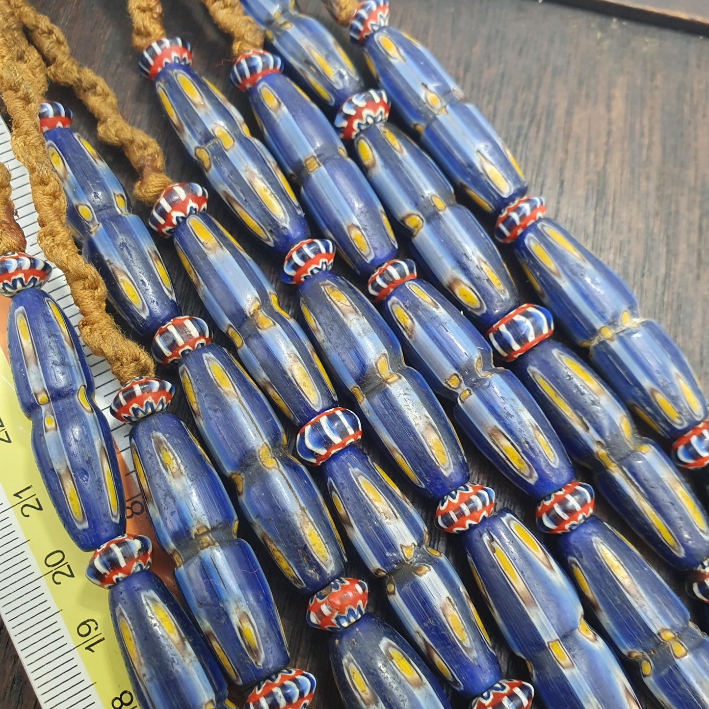Antique Venetian Style Beaded Strand with Blue Glass Yellow Eyes, Handmade Gabri Glass Beads, Unique Jewelry for Collectors and Elegant Wear