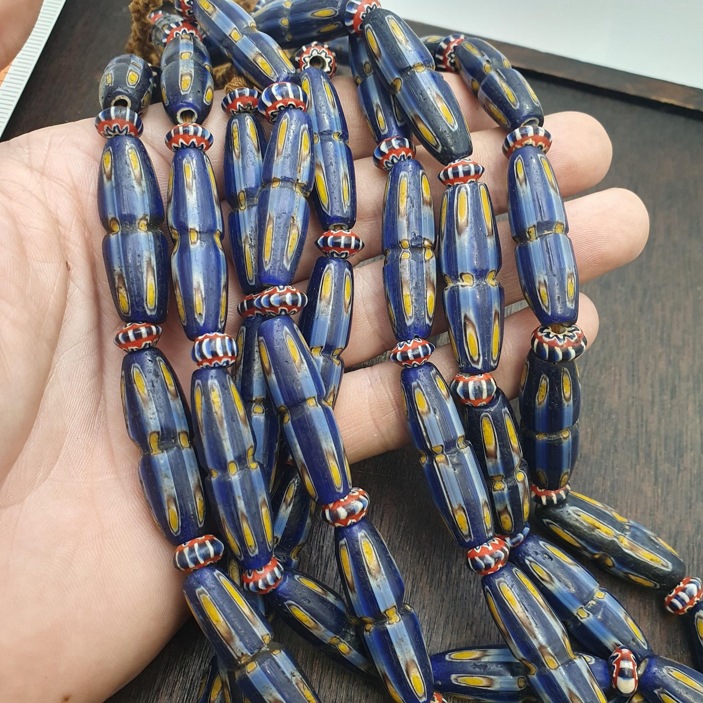 Antique Venetian Style Beaded Strand with Blue Glass Yellow Eyes, Handmade Gabri Glass Beads, Unique Jewelry for Collectors and Elegant Wear