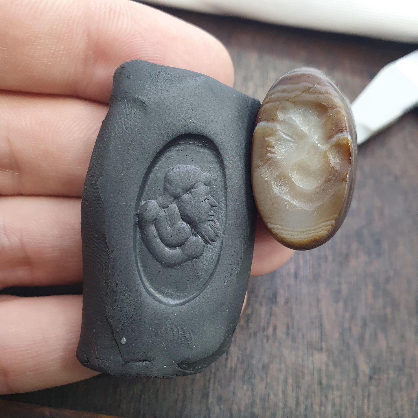 Rare Antique Banded Eye Agate Seal Stone Bead  Intaglio Carved Figure