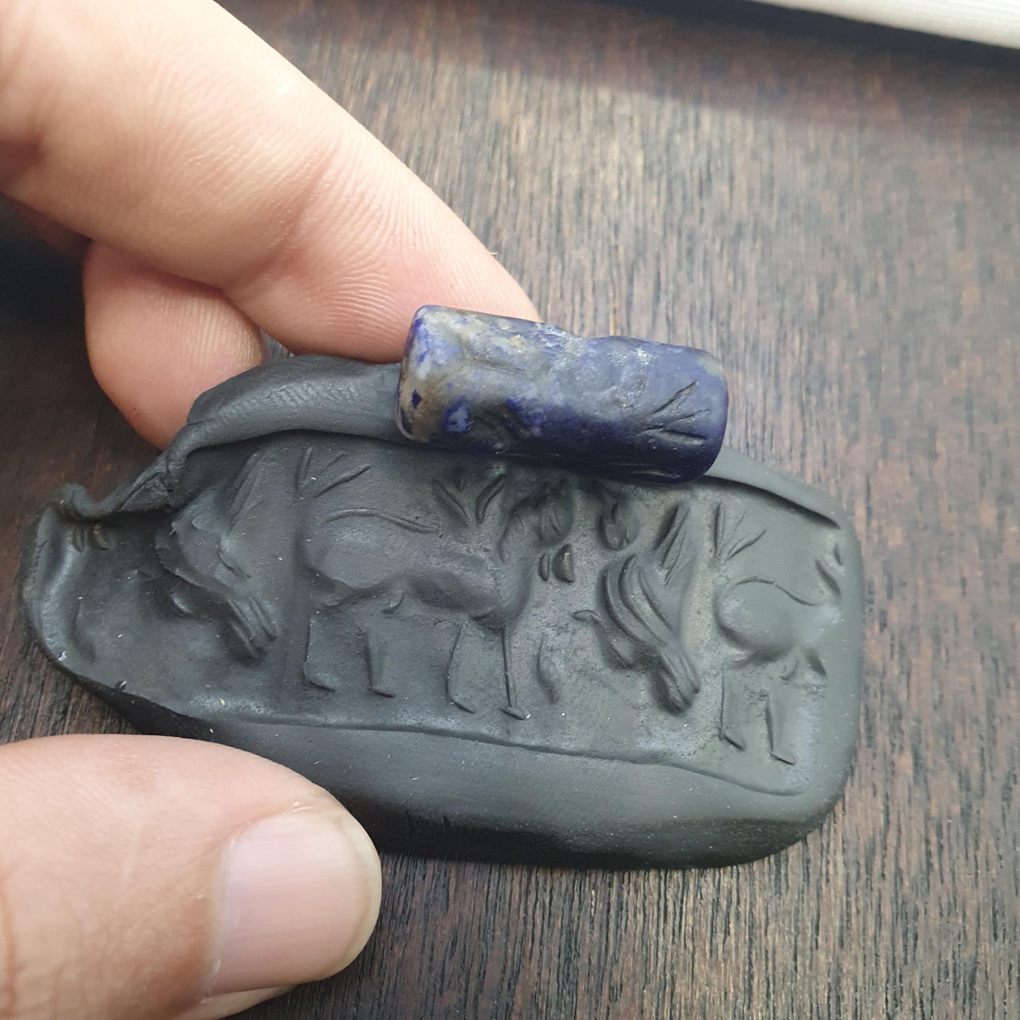 Rare Antique Lapis lazuli Seal Stone Bead Intaglio Carved Animal and Bird