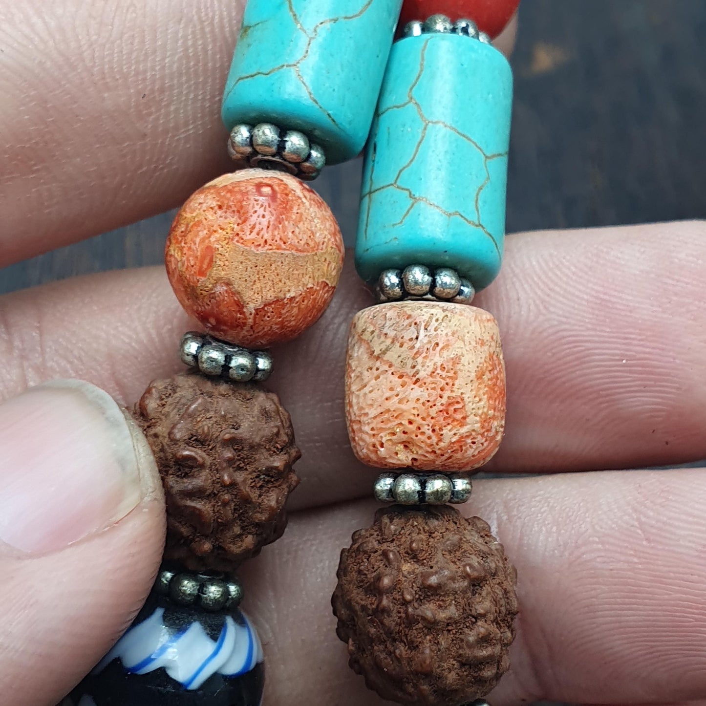 Rudraksha Seed Mala Necklace Evil Eye Glass Beads Turquoise Boho Tribal Ethnic 266 inches long mala