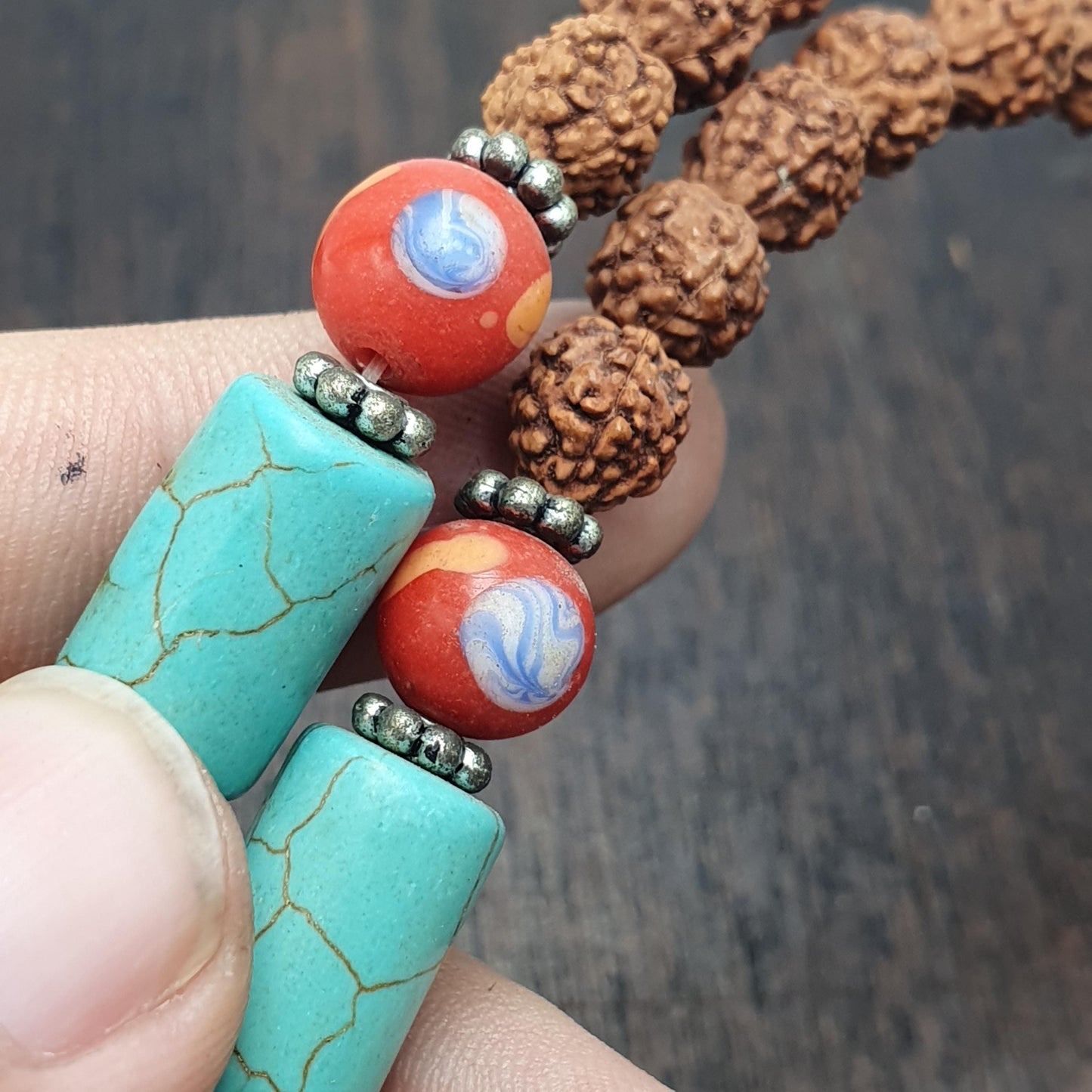 Rudraksha Seed Mala Necklace Evil Eye Glass Beads Turquoise Boho Tribal Ethnic 266 inches long mala