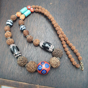 Rudraksha Seed Mala Necklace Evil Eye Glass Beads Turquoise Boho Tribal Ethnic 266 inches long mala