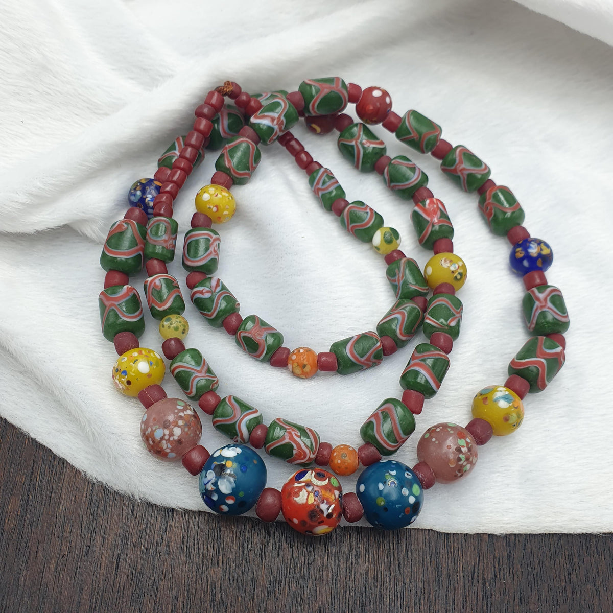 East Oasis Antique Style African Glass Bead Necklace - Millefiori Green Chevron