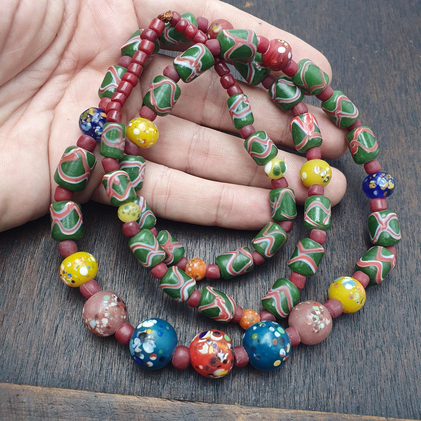 Antique Style African Glass Beads Strand Multi Color Millefiori Tribal Necklace, Green Chevron Beads