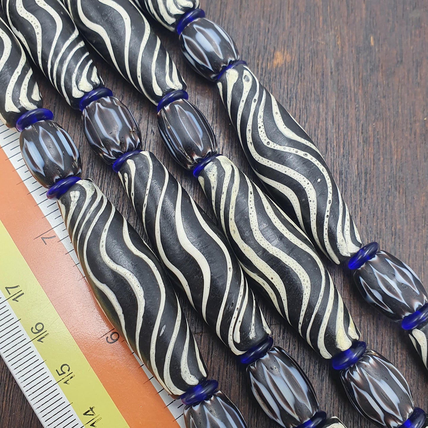 Venetian Style Glass Trade Bead Necklace Black White Swirl Feathered Tribal Boho Black Chevron Beads
