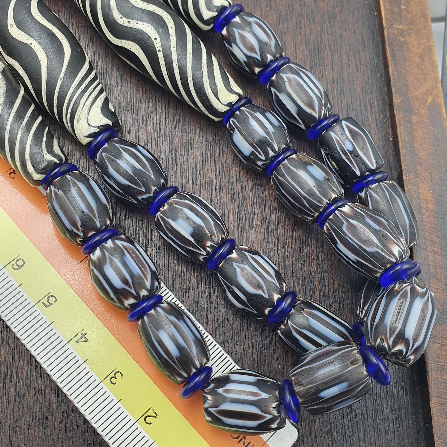 Venetian Style Glass Trade Bead Necklace Black White Swirl Feathered Tribal Boho Black Chevron Beads