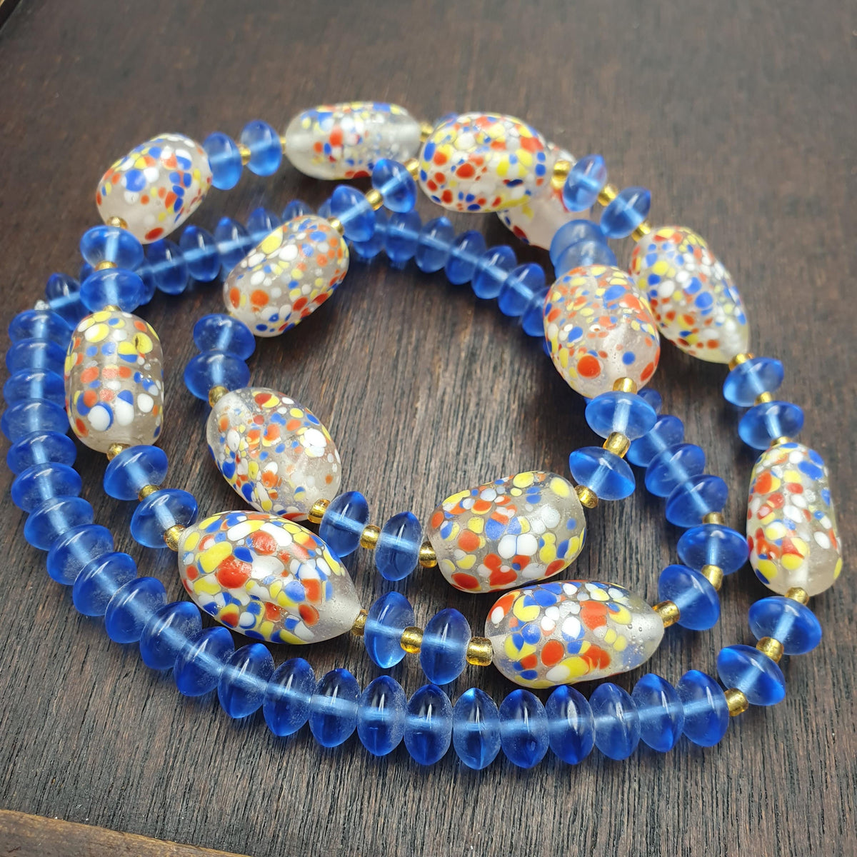Vintage Venetian Style Glass Confetti Bead Necklace Blue Translucent Spacers Boho Art