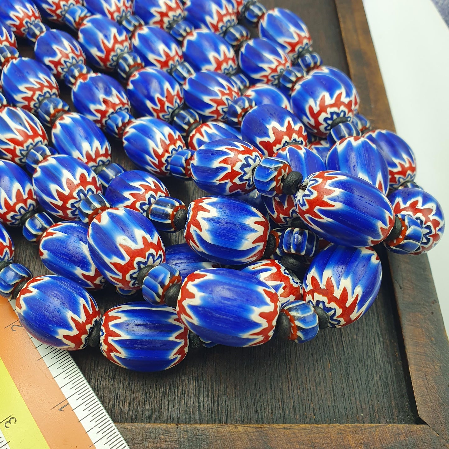 Big size vintage venetian style old blue chevron glass beads long strand ch-2