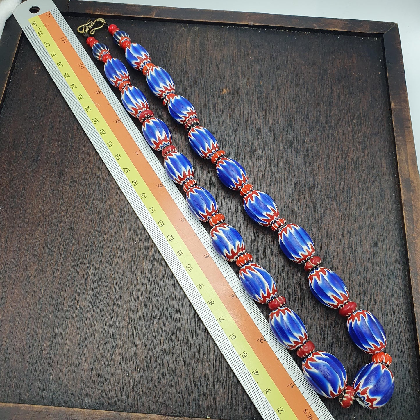 Blue chevron beads vintage old african glass beads long strand 16-20mm gift