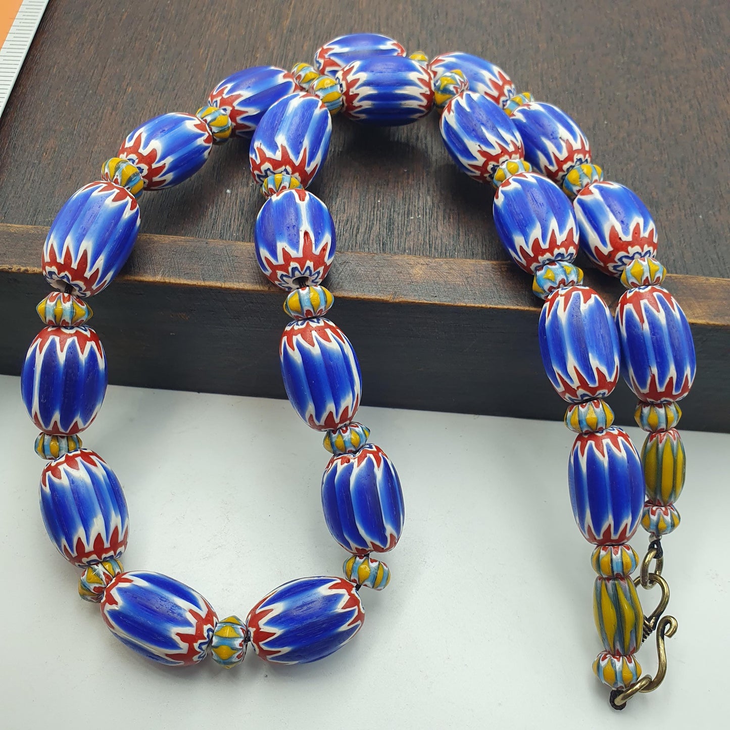 Blue chevron beads vintage old african glass beads long strand 16-15mm gift