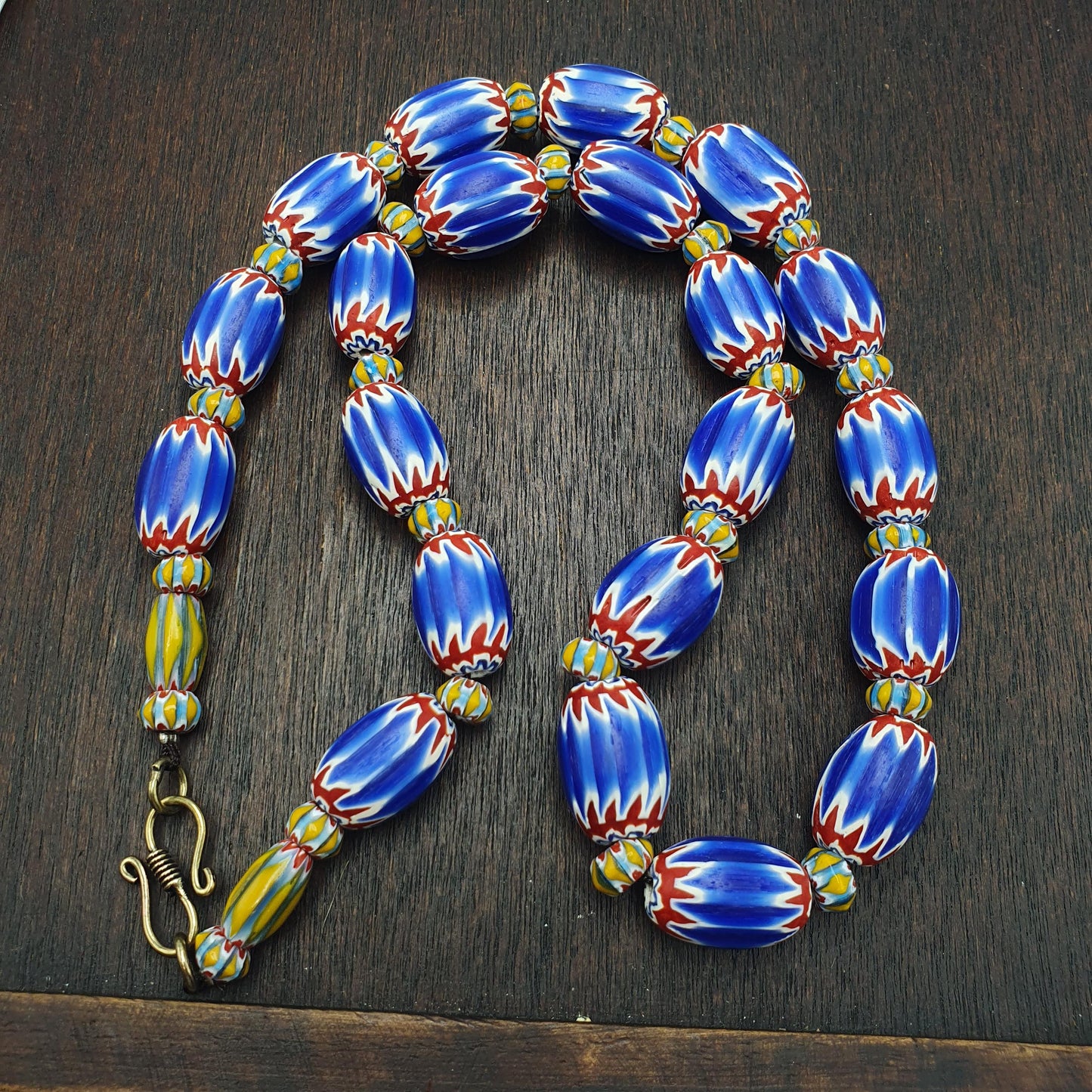 Blue chevron beads vintage old african glass beads long strand 16-15mm gift
