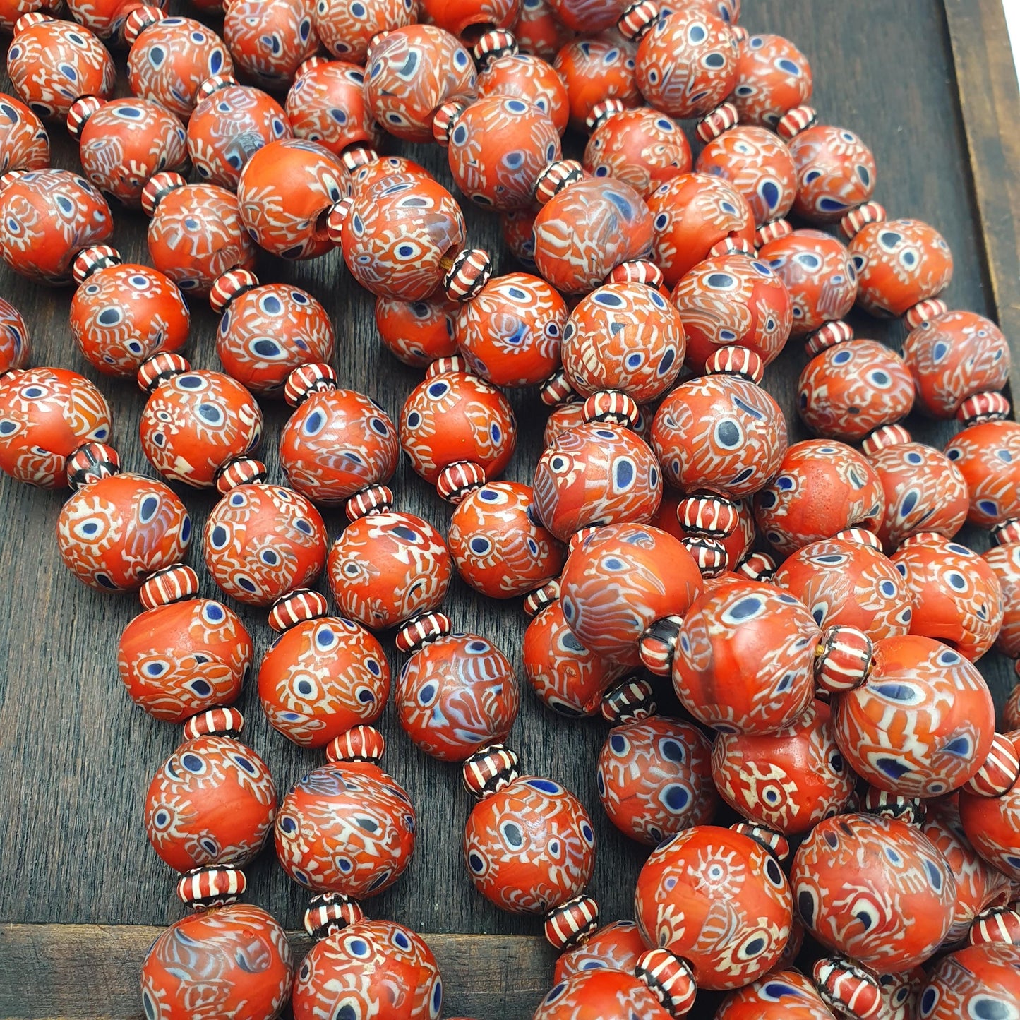 Vintage venetian style Red Millefiori and Chevron African Inspired Bead Strand Gift Blue Eyes 17mm Beads