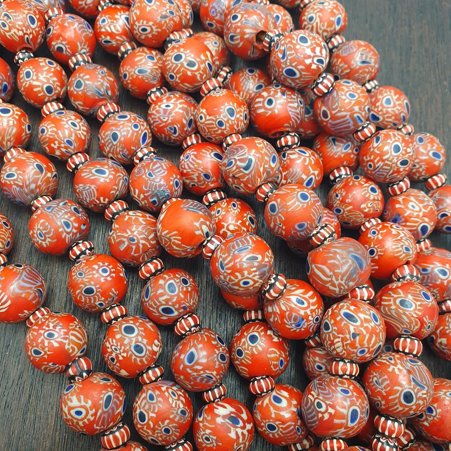 Vintage venetian style Red Millefiori and Chevron African Inspired Bead Strand Gift Blue Eyes 17mm Beads